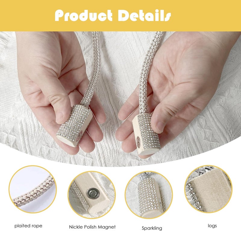 SRG Handmade Magnetic Curtain Tiebacks 2 Pack Sparkling Glass Wrapped Wooden Holdbacks with Strong Magnets, No Drilling Drapery Accessories for Home Decor – Champagne - Image 4